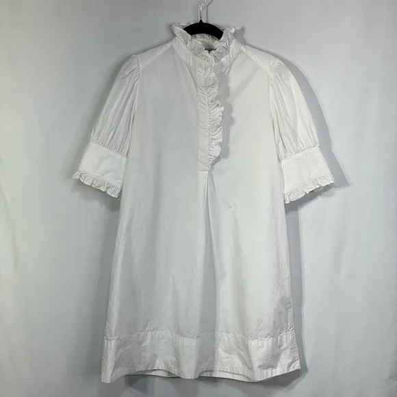 🛹 banana republic, short sleeve white Poplin ruffle neck dress