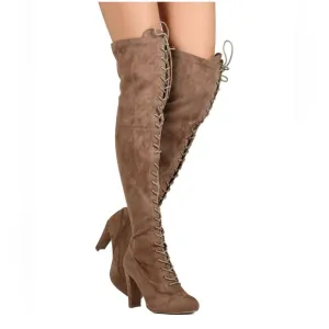 ✨⚡️💥 Wild Diva Amaya-07 Taupe SuedeLace Up Over The Knee Boots