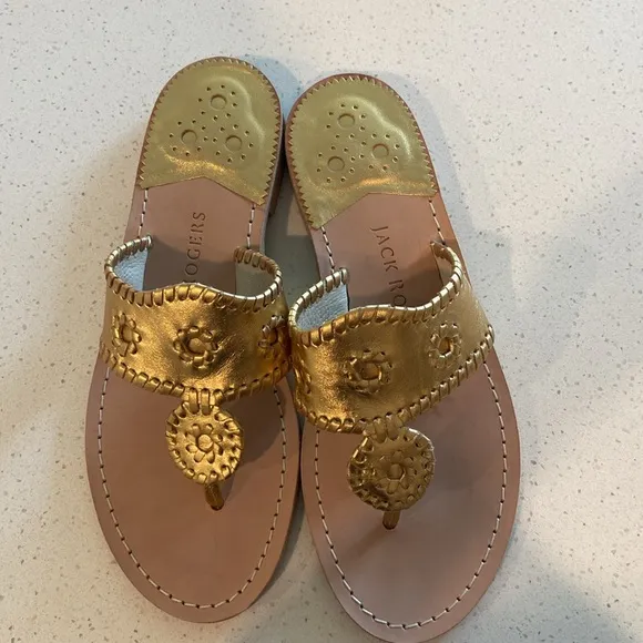 10.5 🔖 JACK ROGERS Women's Jacks Slip-On Flat Sandals Platinum Gold-