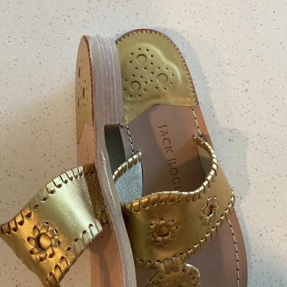 10.5 🔖 JACK ROGERS Women's Jacks Slip-On Flat Sandals Platinum Gold-