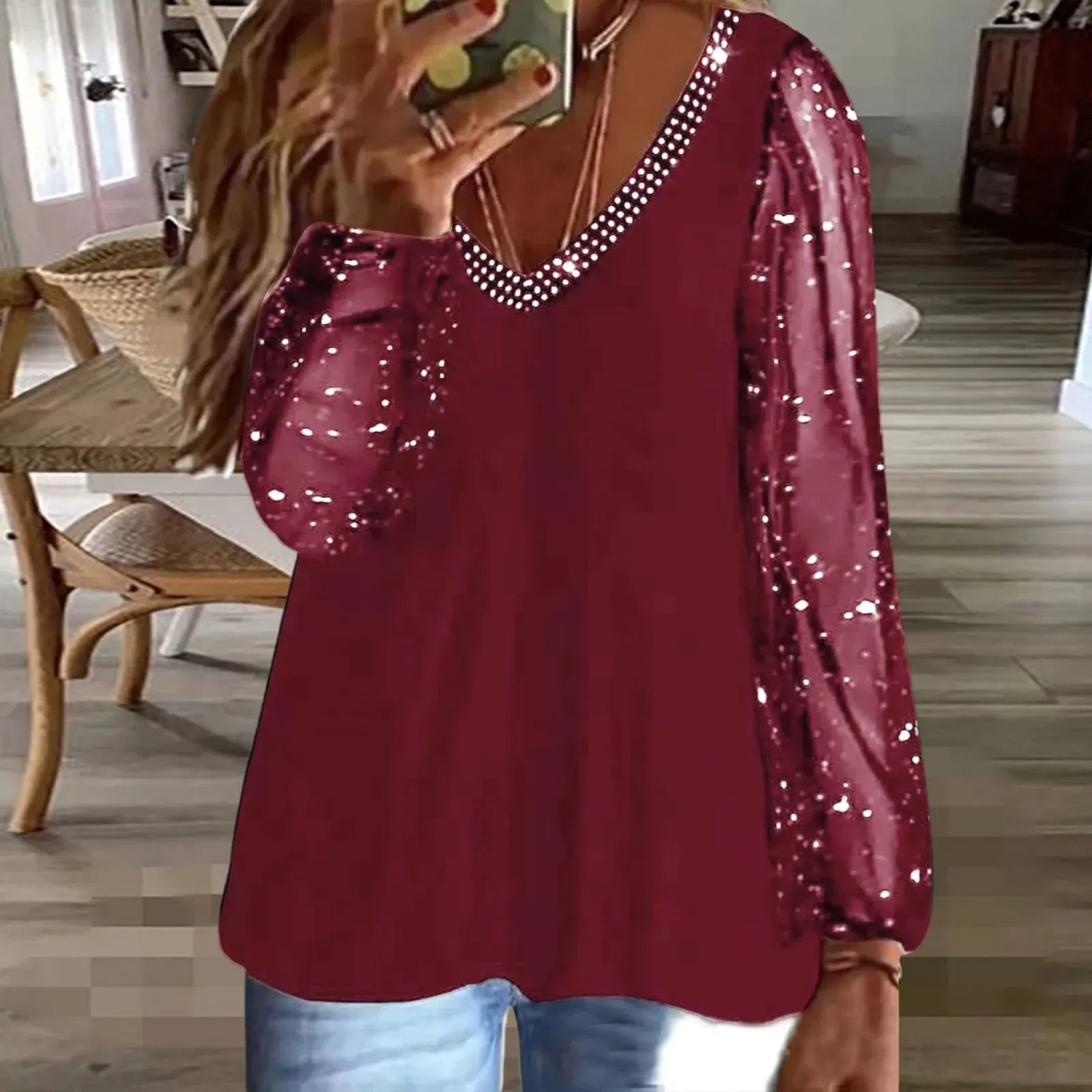 2025 New Rhinestone V-Neck Blouse Plus Size Casual Tops Fashion Sequin Glitter Mesh Long Sleeve Shirts & Blouses Loose Blusas