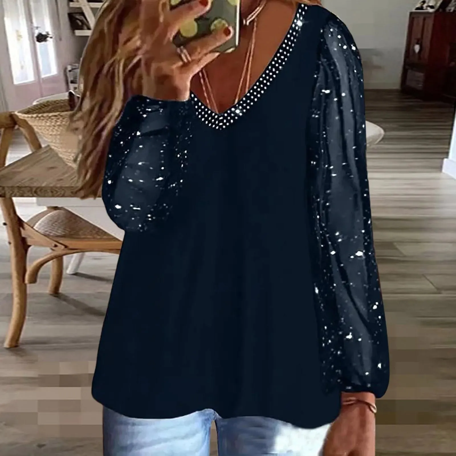 2025 New Rhinestone V-Neck Blouse Plus Size Casual Tops Fashion Sequin Glitter Mesh Long Sleeve Shirts & Blouses Loose Blusas