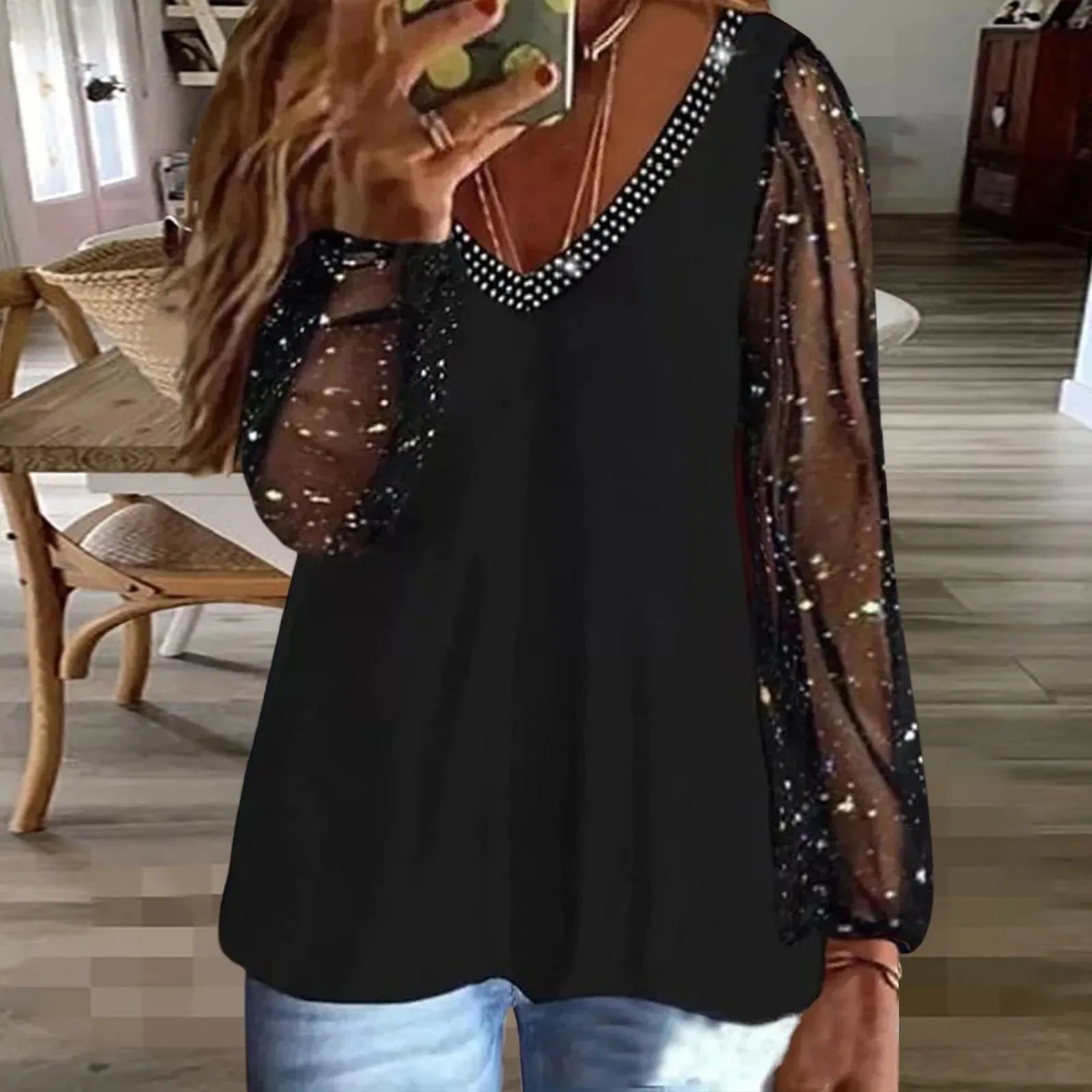 2025 New Rhinestone V-Neck Blouse Plus Size Casual Tops Fashion Sequin Glitter Mesh Long Sleeve Shirts & Blouses Loose Blusas