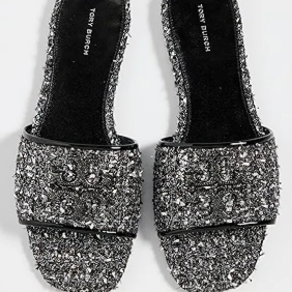 $328 Tory Burch Eleanor Pave Slide Sparkle Jacquard Slip-On Sandals 8