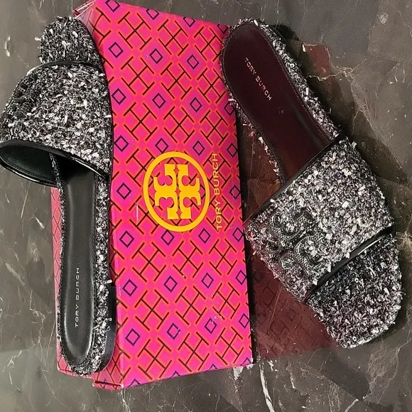 $328 Tory Burch Eleanor Pave Slide Sparkle Jacquard Slip-On Sandals 8