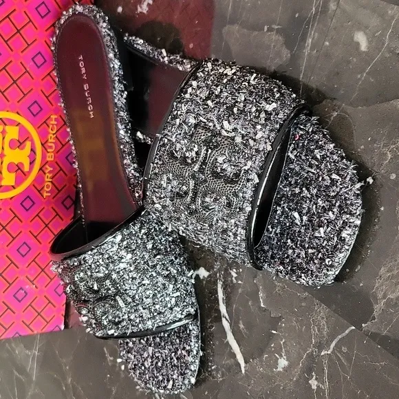 $328 Tory Burch Eleanor Pave Slide Sparkle Jacquard Slip-On Sandals 8