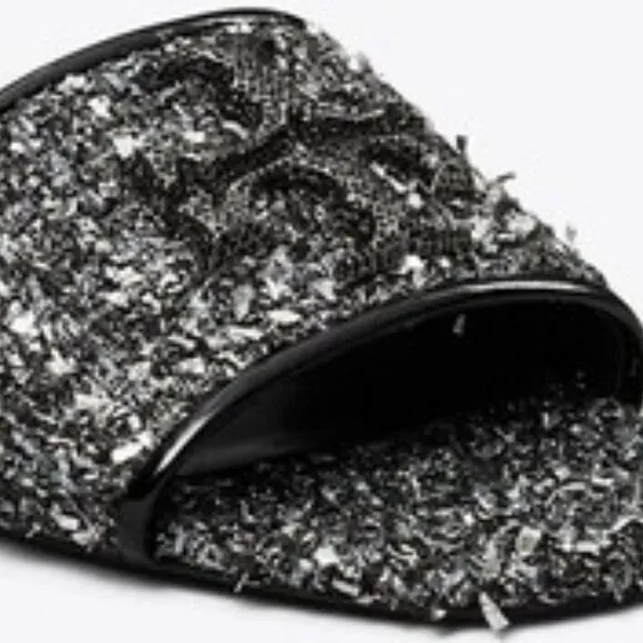$328 Tory Burch Eleanor Pave Slide Sparkle Jacquard Slip-On Sandals 8