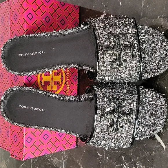 $328 Tory Burch Eleanor Pave Slide Sparkle Jacquard Slip-On Sandals 8