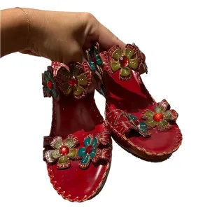 90’s Deandrea Red Floral Spring Step Slip On Low Wedge Sandals (Size 7.5)