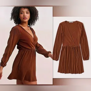 🍁Abercrombie &amp; Fitch Satin Pleated Wrap Mini Dress -Burnt Orange Spice/Rust, S