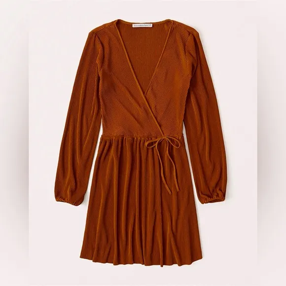 🍁Abercrombie &amp; Fitch Satin Pleated Wrap Mini Dress -Burnt Orange Spice/Rust, S