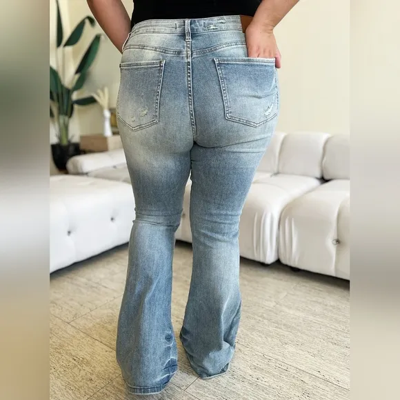 Acid Wash High-Rise Retro Flare Bell Bottom Skinny Stretch Jean Pants Judy Blue