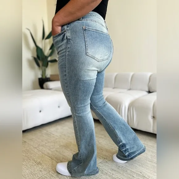 Acid Wash High-Rise Retro Flare Bell Bottom Skinny Stretch Jean Pants Judy Blue