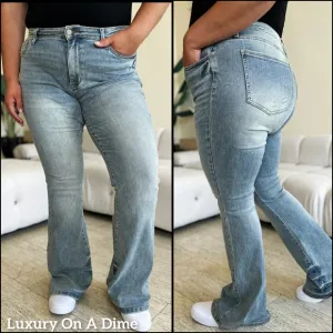 Acid Wash High-Rise Retro Flare Bell Bottom Skinny Stretch Jean Pants Judy Blue