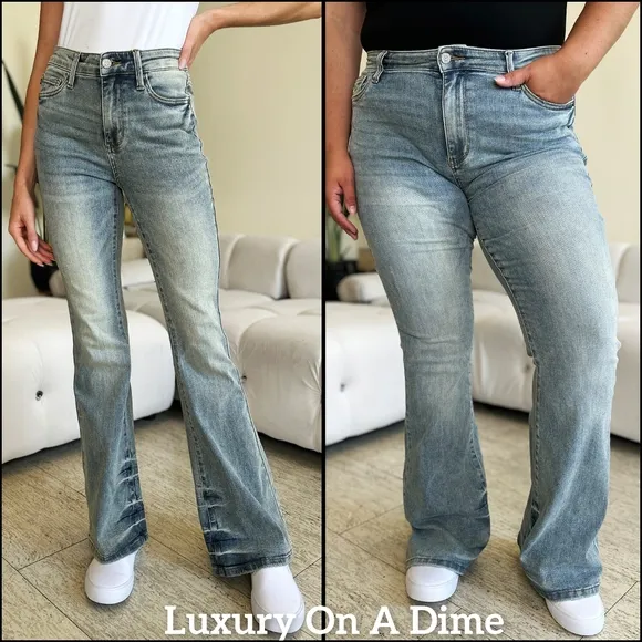 Acid Wash High-Rise Retro Flare Bell Bottom Skinny Stretch Jean Pants Judy Blue