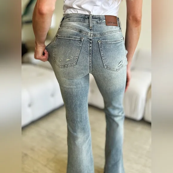 Acid Wash High-Rise Retro Flare Bell Bottom Skinny Stretch Jean Pants Judy Blue