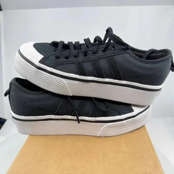 Addidas Womens NIZZA Sneakers Casual Shoes Lace-Up Low Top Black/White Size 9