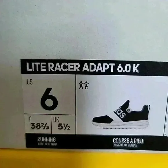 Adidas Lite Racer Adapt 6.0 K Running Shoes Black Kids Size 6 New In Box