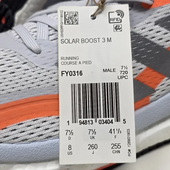 Adidas Men's Solar Boost 3 M Running Shoes FY0316 White/Orange Multi Size 8 New