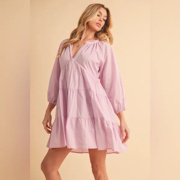 Aemi   Co Notched Balloon Sleeve Tiered Mini Dress