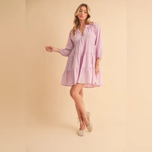 Aemi   Co Notched Balloon Sleeve Tiered Mini Dress