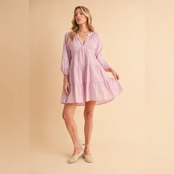 Aemi   Co Notched Balloon Sleeve Tiered Mini Dress