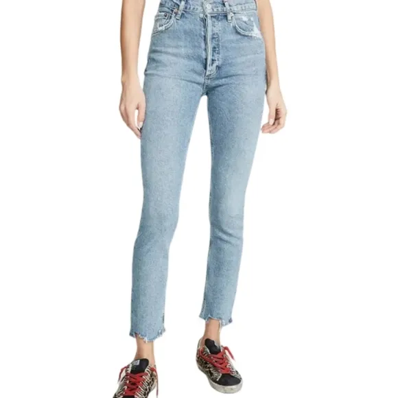 AGOLDE Toni Mid Rise Straight Leg Raw Hem Jeans 25 Light Wash Denim