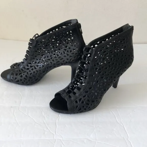Aldo VTG Laser Cut Cage High Heel Shoes Open Toe Lacy Booties Black Sz. 39