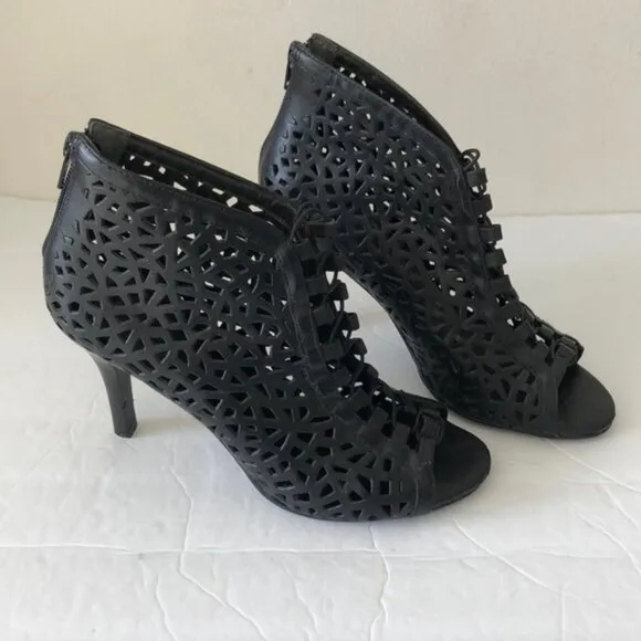 Aldo VTG Laser Cut Cage High Heel Shoes Open Toe Lacy Booties Black Sz. 39