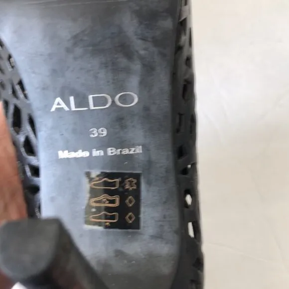 Aldo VTG Laser Cut Cage High Heel Shoes Open Toe Lacy Booties Black Sz. 39