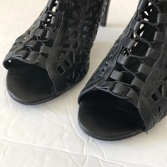 Aldo VTG Laser Cut Cage High Heel Shoes Open Toe Lacy Booties Black Sz. 39