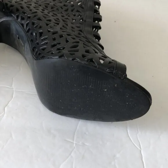 Aldo VTG Laser Cut Cage High Heel Shoes Open Toe Lacy Booties Black Sz. 39