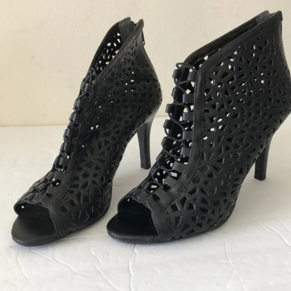 Aldo VTG Laser Cut Cage High Heel Shoes Open Toe Lacy Booties Black Sz. 39