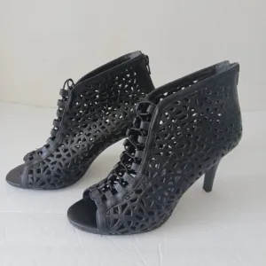 Aldo VTG Laser Cut Cage High Heel Shoes Open Toe Lacy Booties Black Sz. 39