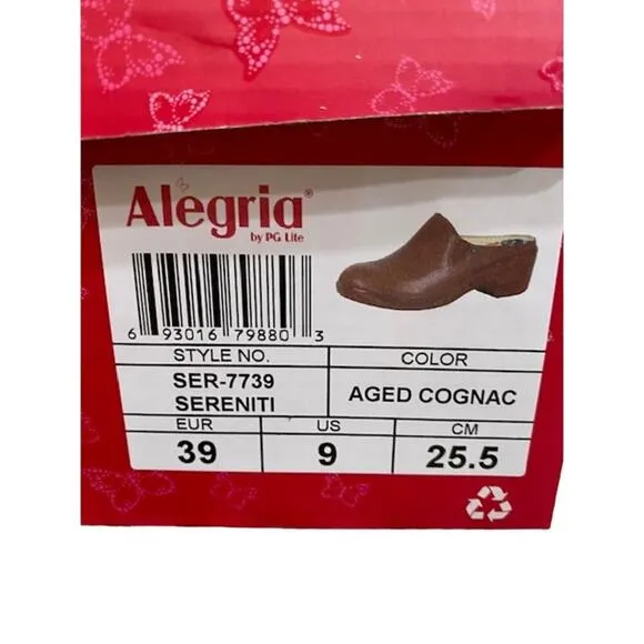 Alegria Womens 39 US 9 Leather Clogs Sereniti Aged Cognac Arch Support Comfort