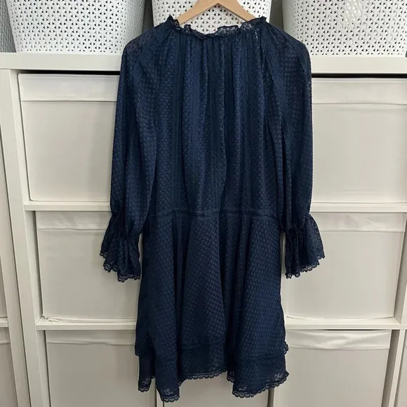 Alice   Olivia Crochet Trimmed Fil Coupe Chiffon Mini Dress Navy