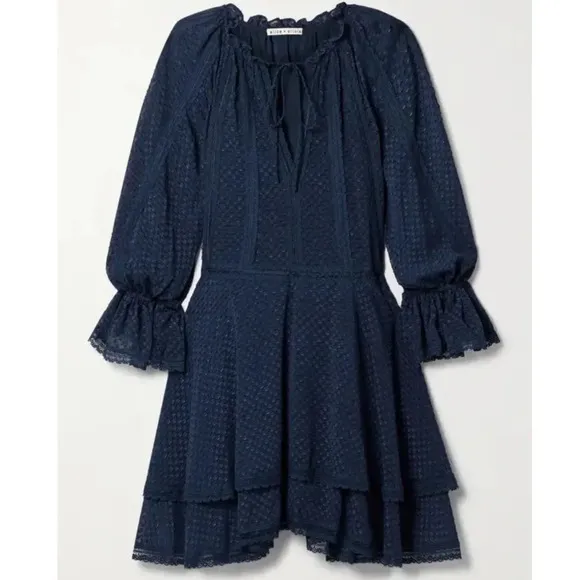 Alice   Olivia Crochet Trimmed Fil Coupe Chiffon Mini Dress Navy
