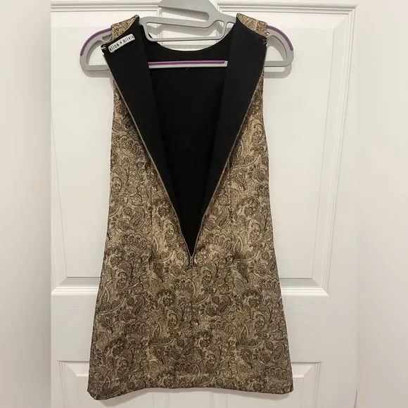 Alice   Olivia Gold Patterned Mini Dress With Exposed Zipper