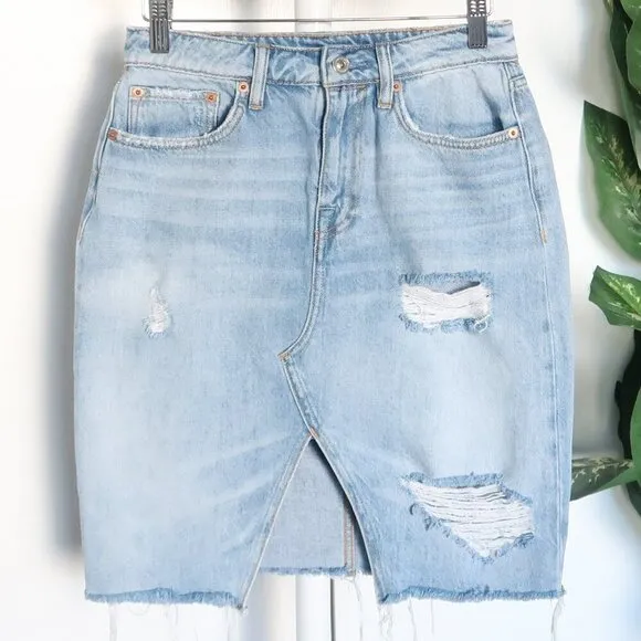 All Saints Alfie Denim Jean Cotton Pencil Skirt Indigo Lite Blue Distressed 2