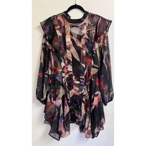 All Saints Fleur Dress Women's Size 0 Multi Floral Ruffle Long Sleeve Back Zippe