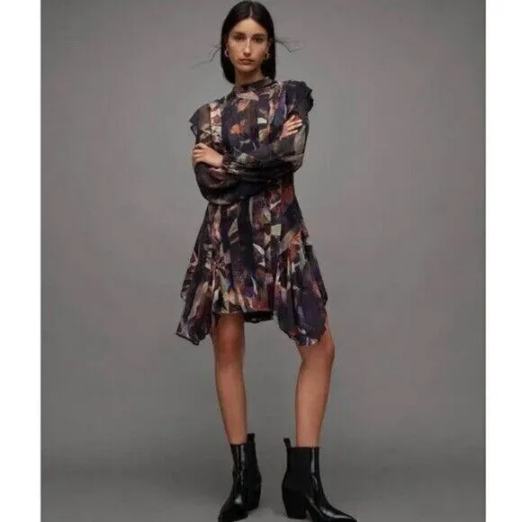 All Saints Fleur Dress Women's Size 0 Multi Floral Ruffle Long Sleeve Back Zippe