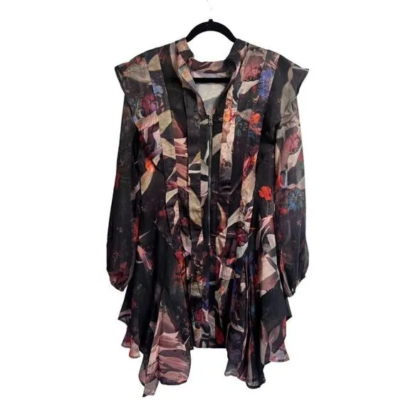 All Saints Fleur Dress Women's Size 0 Multi Floral Ruffle Long Sleeve Back Zippe
