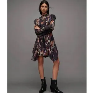 All Saints Fleur Dress Women's Size 0 Multi Floral Ruffle Long Sleeve Back Zippe