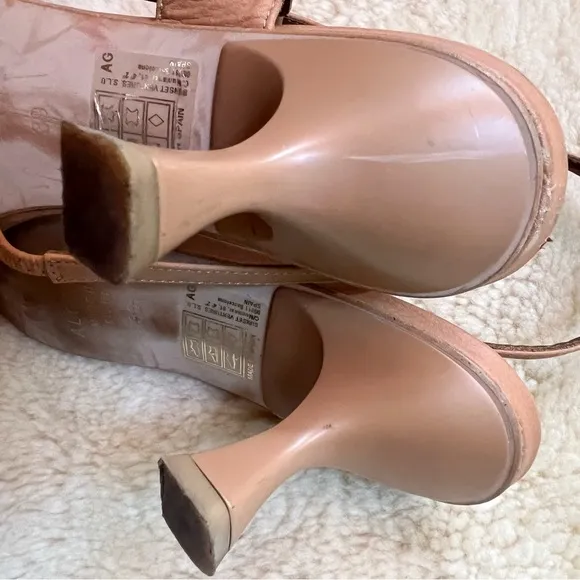 Alohas Asymmetric Strap Sandals Camel Leather Square Toe Kitten Heel Sz 39  8.5