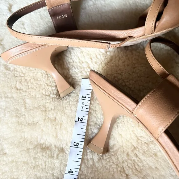 Alohas Asymmetric Strap Sandals Camel Leather Square Toe Kitten Heel Sz 39  8.5