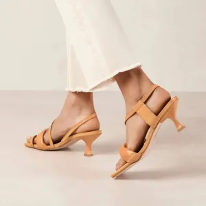 Alohas Asymmetric Strap Sandals Camel Leather Square Toe Kitten Heel Sz 39  8.5
