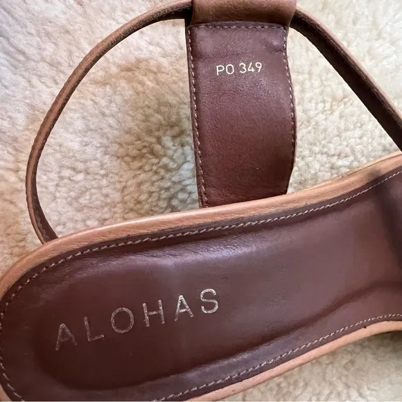 Alohas Asymmetric Strap Sandals Camel Leather Square Toe Kitten Heel Sz 39  8.5