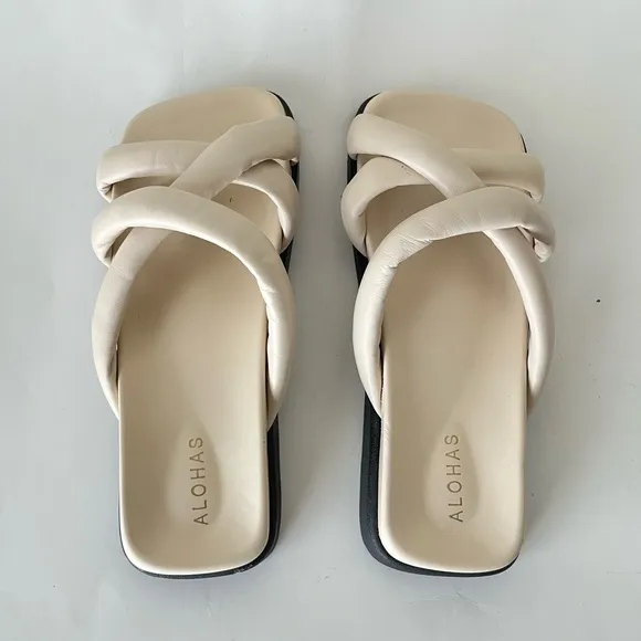 Alohas Slip On Cross Sandals Puff Strap Cream White Size 40