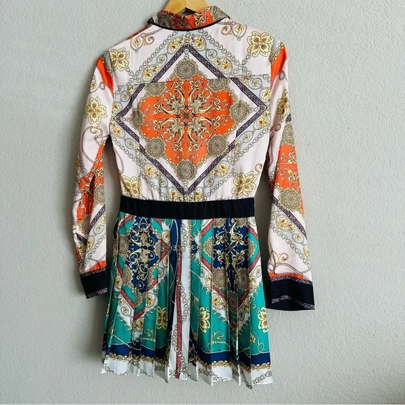 Alpha &amp; Omega WOMAN PATCHWORK CHAIN PRINT PLEATED DRESS MULTICOLOR Sz Small