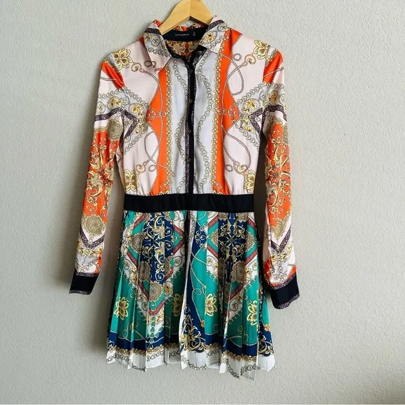 Alpha &amp; Omega WOMAN PATCHWORK CHAIN PRINT PLEATED DRESS MULTICOLOR Sz Small